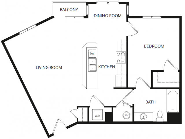 Floor plan for 1 bed, 1 bath, 754 sqft